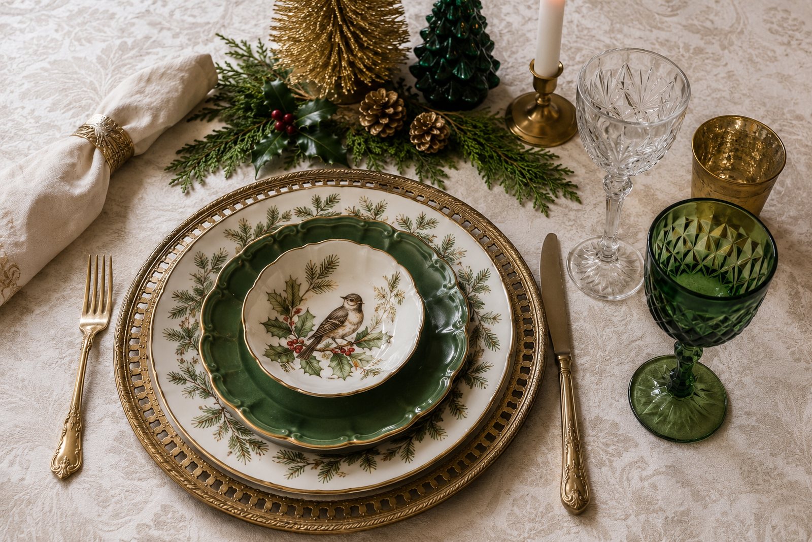 A Christmas place setting with green and gold china, holly, a green cut goblet and gold flatware