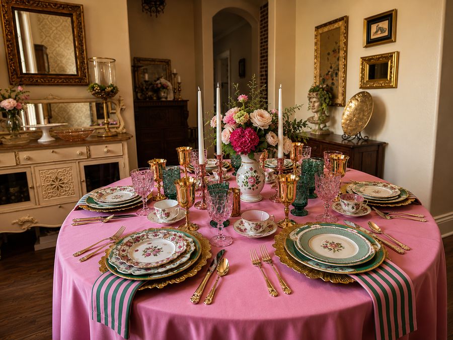 Pink tablescape with vintage china