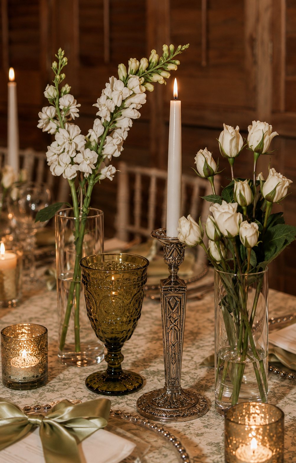 Taper candles, white stock and roses down a reception table
