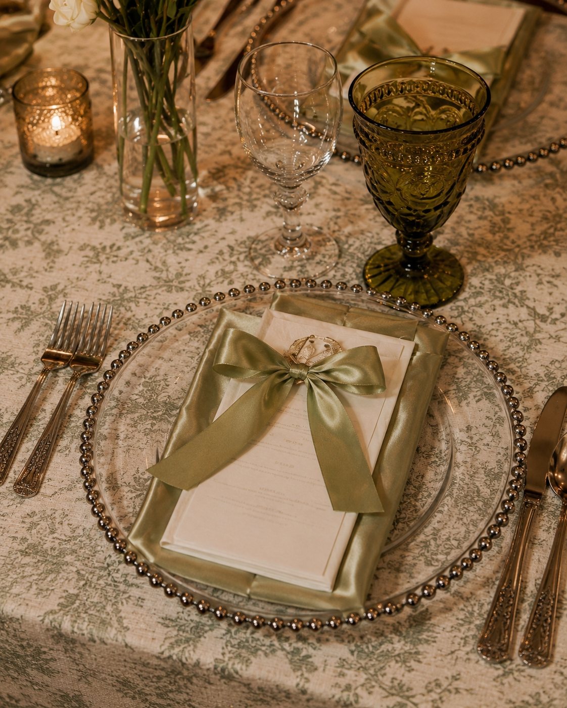 Place setting with a sage ribbon, beaded charger and cut-glass goblet